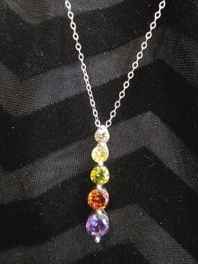 Multi-Color Crystal Pendant Necklace - Sterling Tone Chain